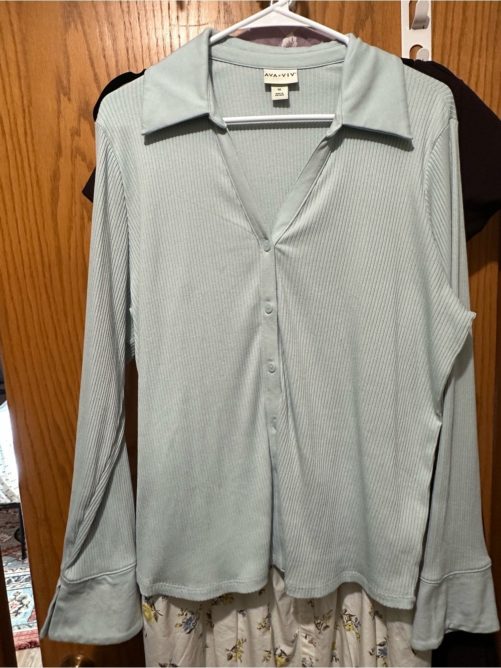 Light Blue Ribbed Button-Front Collared Top - Picture 2 of 5